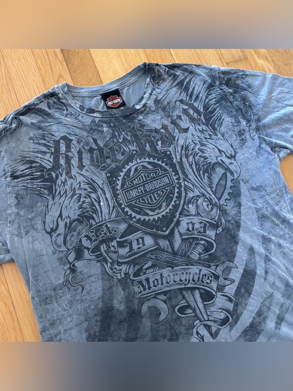 Vintage Harley Davidson Shirt XL Gray Y2K 2000s MMA All Over Print Eagle Graphic